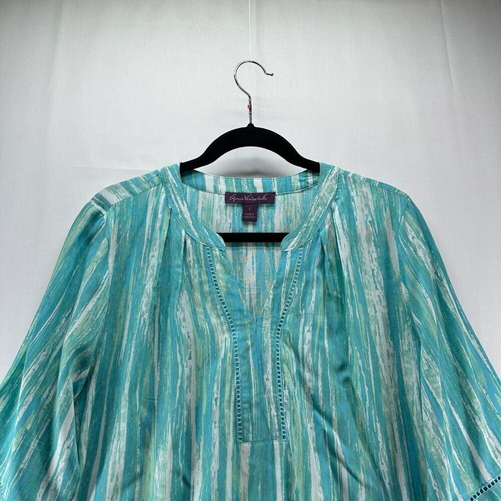 Gloria Vanderbilt Top Size L Stripe Tunic Blouse 3/4 Bell Sleeve Viscose Blue - Picture 3 of 11